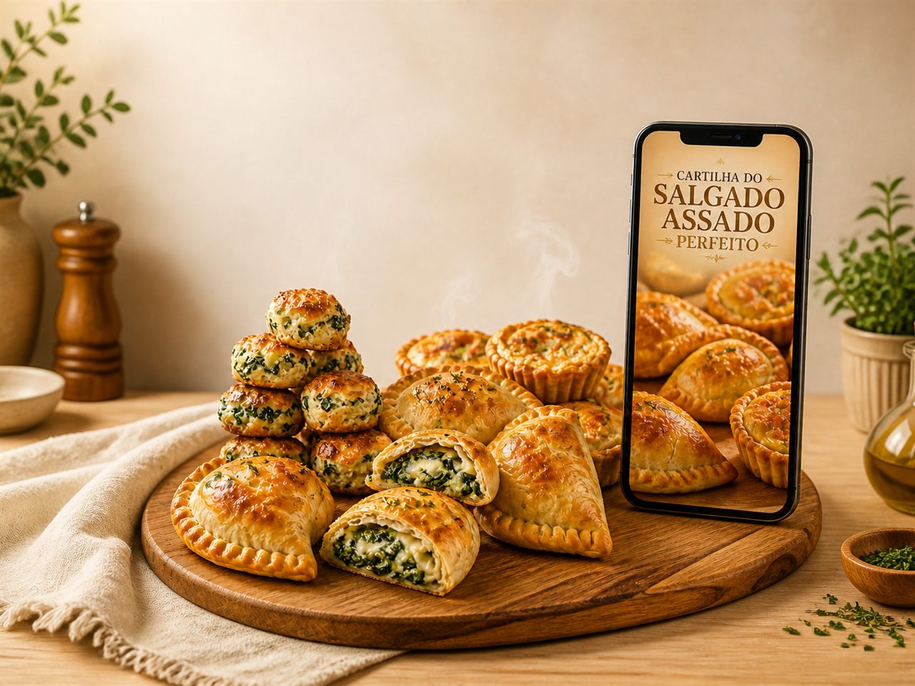 Cartilha do Salgado Assado Perfeito num celular, ao lado de salgados assados dourados numa tábua de madeira